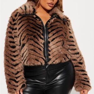Tiger Stripe Faux Fur Cropped Jacket Fashion Nova Brown Black Coat 2X NWT